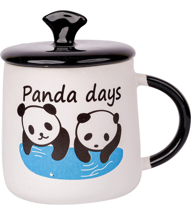 Ceramic Panda Mug with LID, Spoon and Beautiful Keychain(Lazy Panda) (Set of 1)