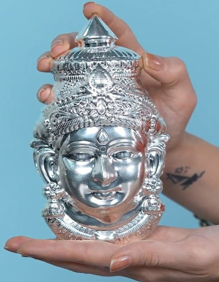 Sigaram 6X3.5 Inch  Silver Plated  Lakshmi Face Mukoot for Vara Mahalakshmi Festival K4136