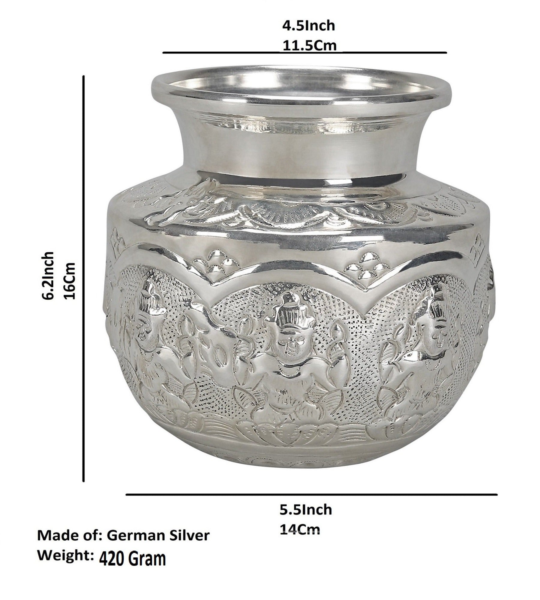 Sigaram German Silver 6.2X5.5 Inch Asta Lakshmi Kalash for Pooja Decor K3976