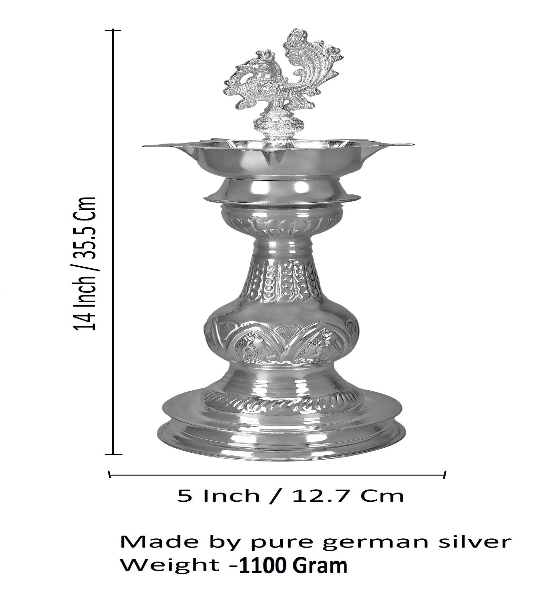 Sigaram 14X5 Inch Peacock Diya Made by Pure German Silver For Puja K4167