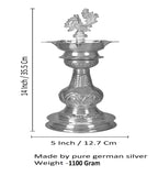 Sigaram 14X5 Inch Peacock Diya Made by Pure German Silver For Puja K4167