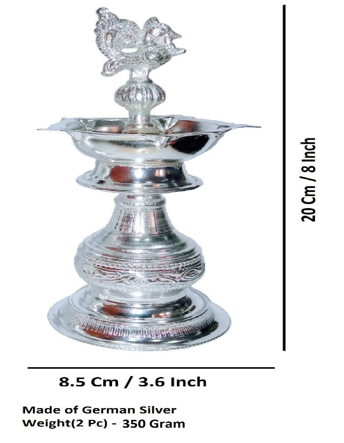 8X3.5 Inch Peacock Diya Made by Pure German Silver For Puja K4240