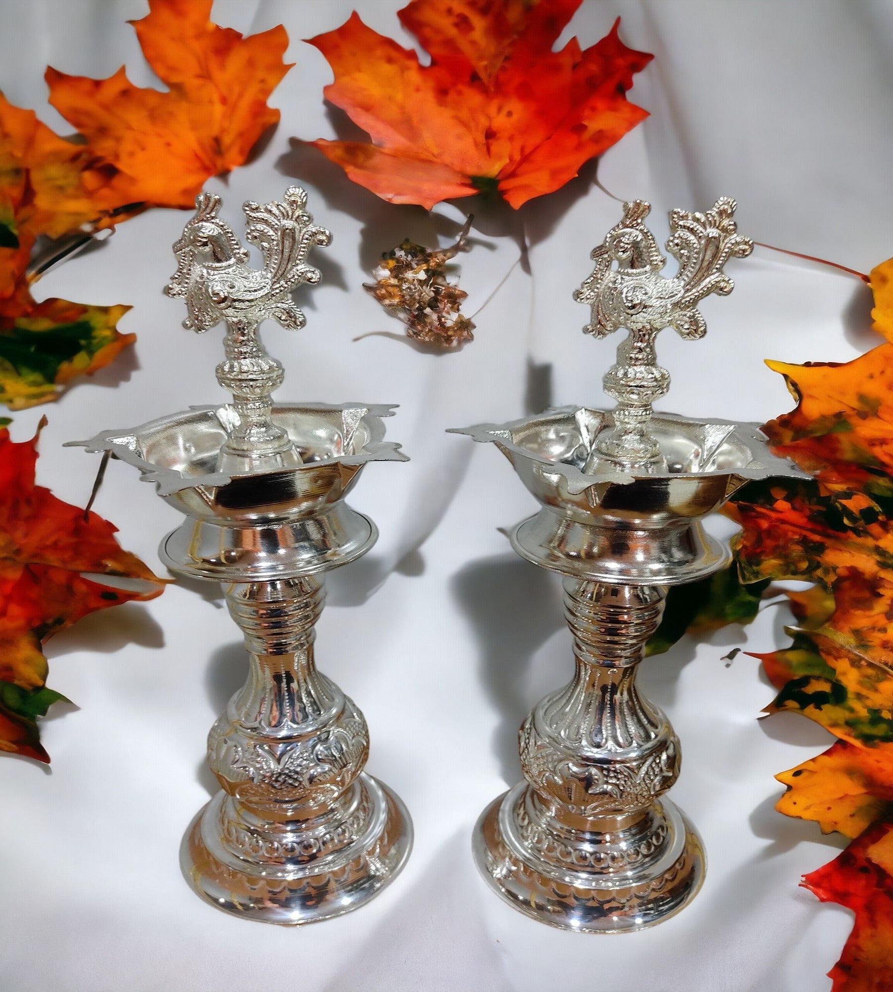 Sigaram 12 Inch Pure German Silver Peacock Diya Samai Deepa For Home Pooja Decor K4400