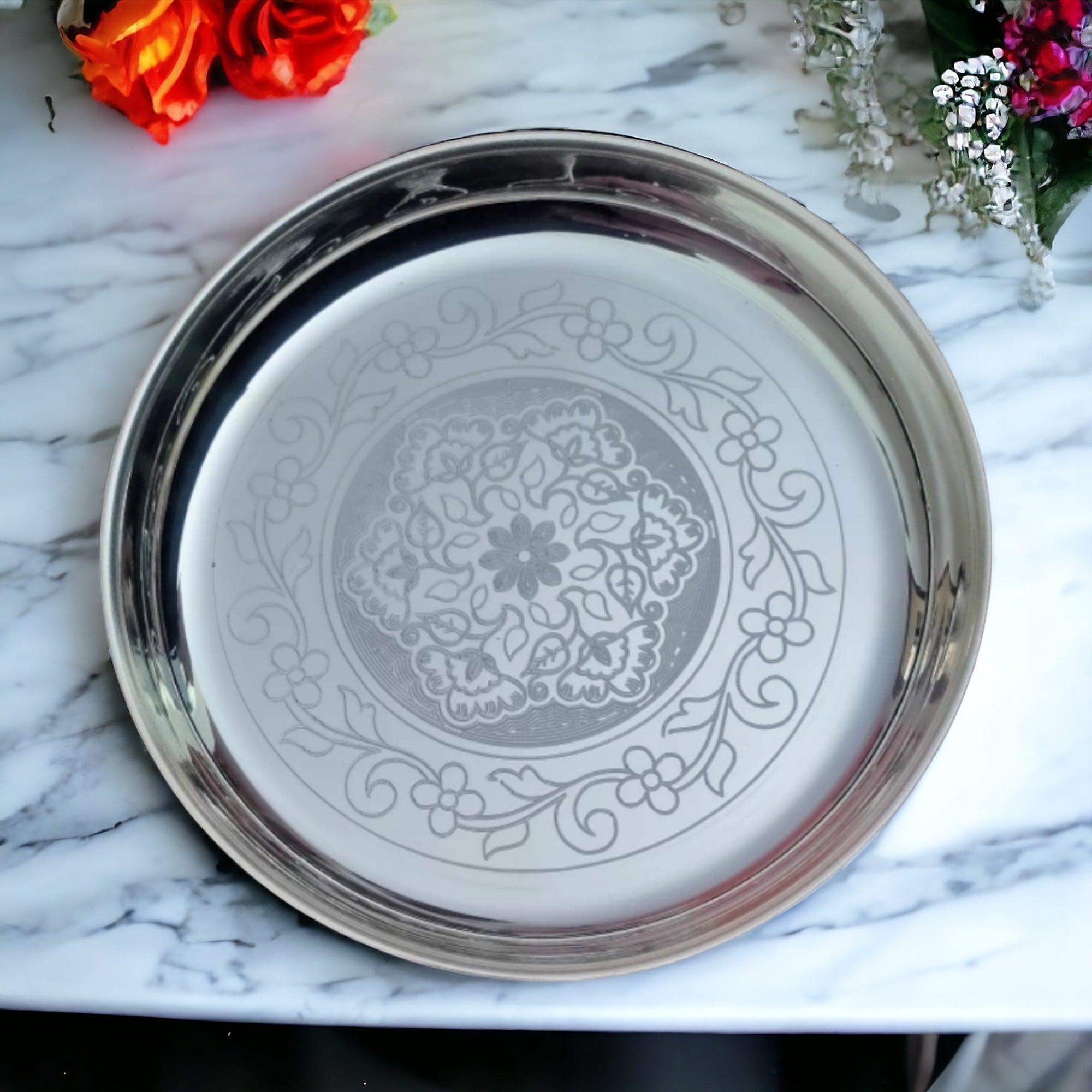 Sigaram German Silver 9 Inch Floral Designed Plate for Home Pooja Decor K2369