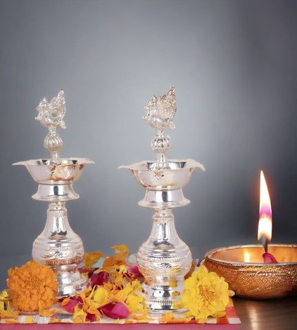 Sigaram 8X3.5 Inch Peacock Diya Made by Pure German Silver For Puja K4240