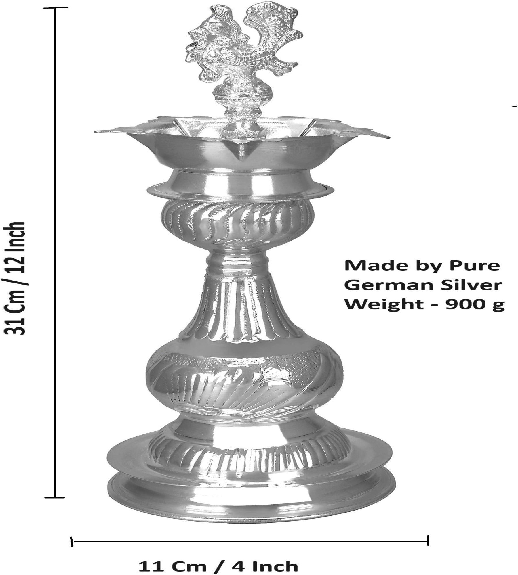 Sigaram 12x4 Inch Peacock Diya Made by Pure German Silver For Puja K4166