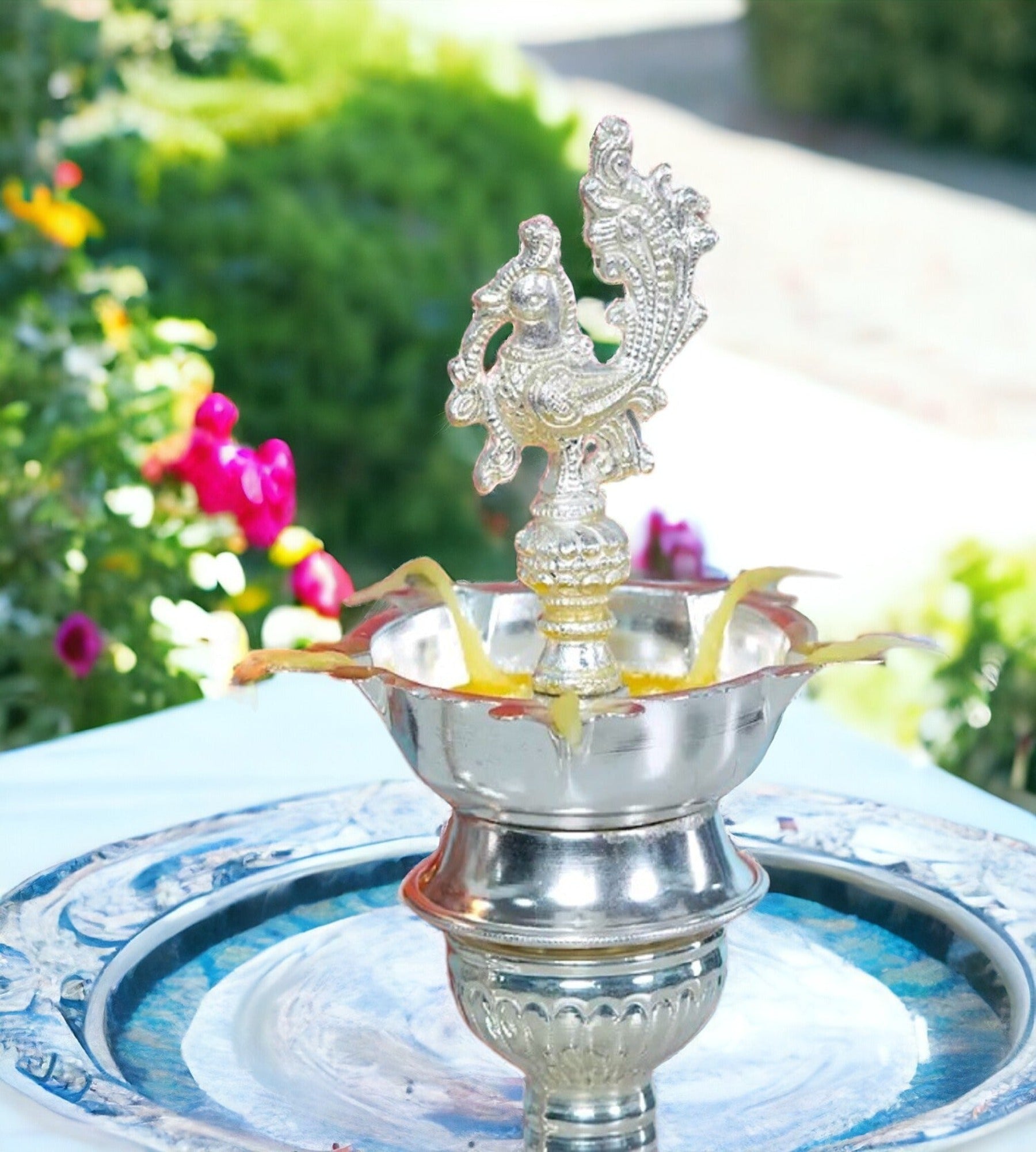 Sigaram 14X5 Inch Peacock Diya Made by Pure German Silver For Puja K4167