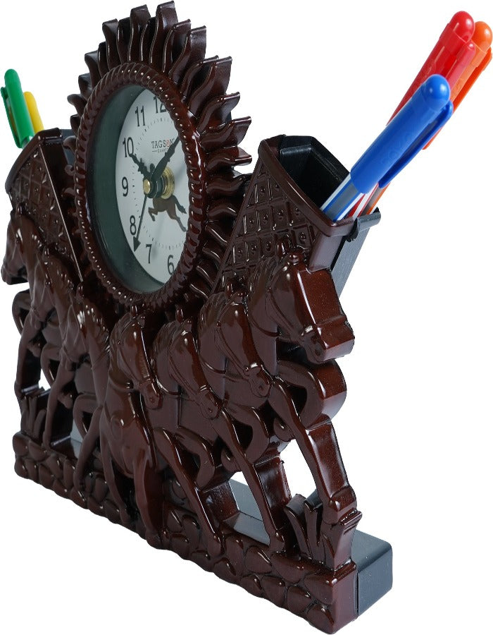 22x19 Cm Horse Table Clock With Penstand For Home Office College K4190