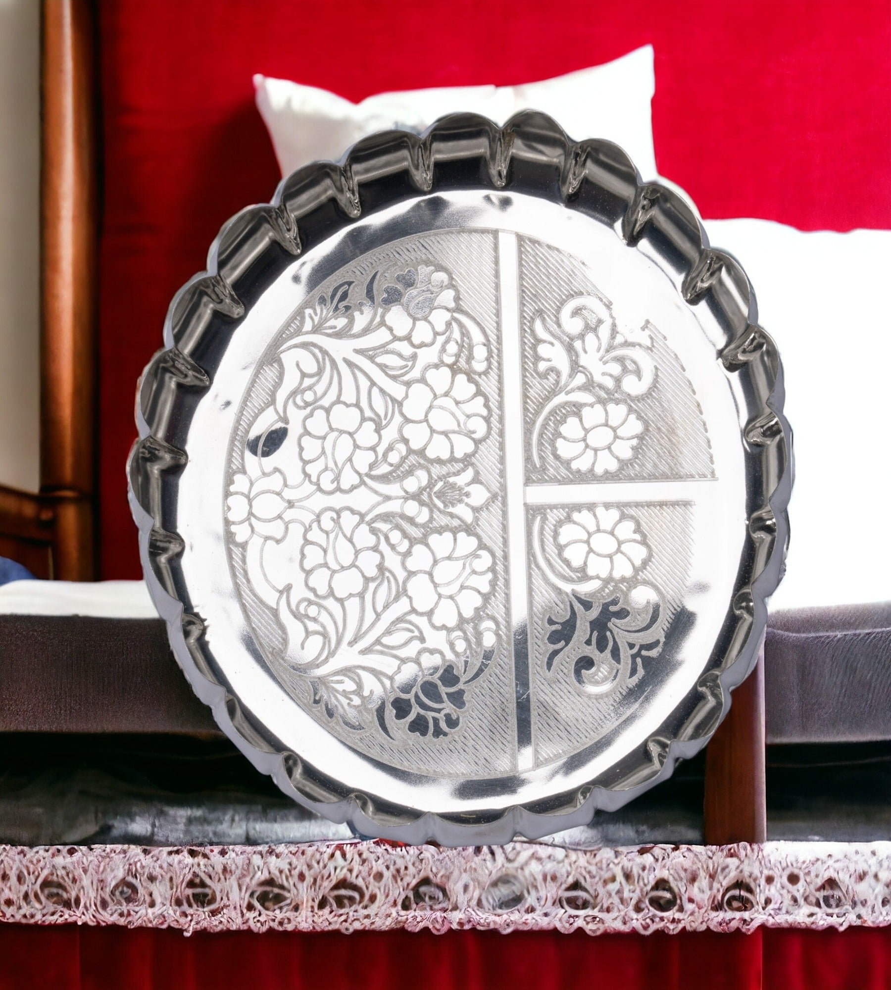 Sigaram 9 Inch German Silver Floral Designed Plate with Lay For Home Pooja Decor K4405