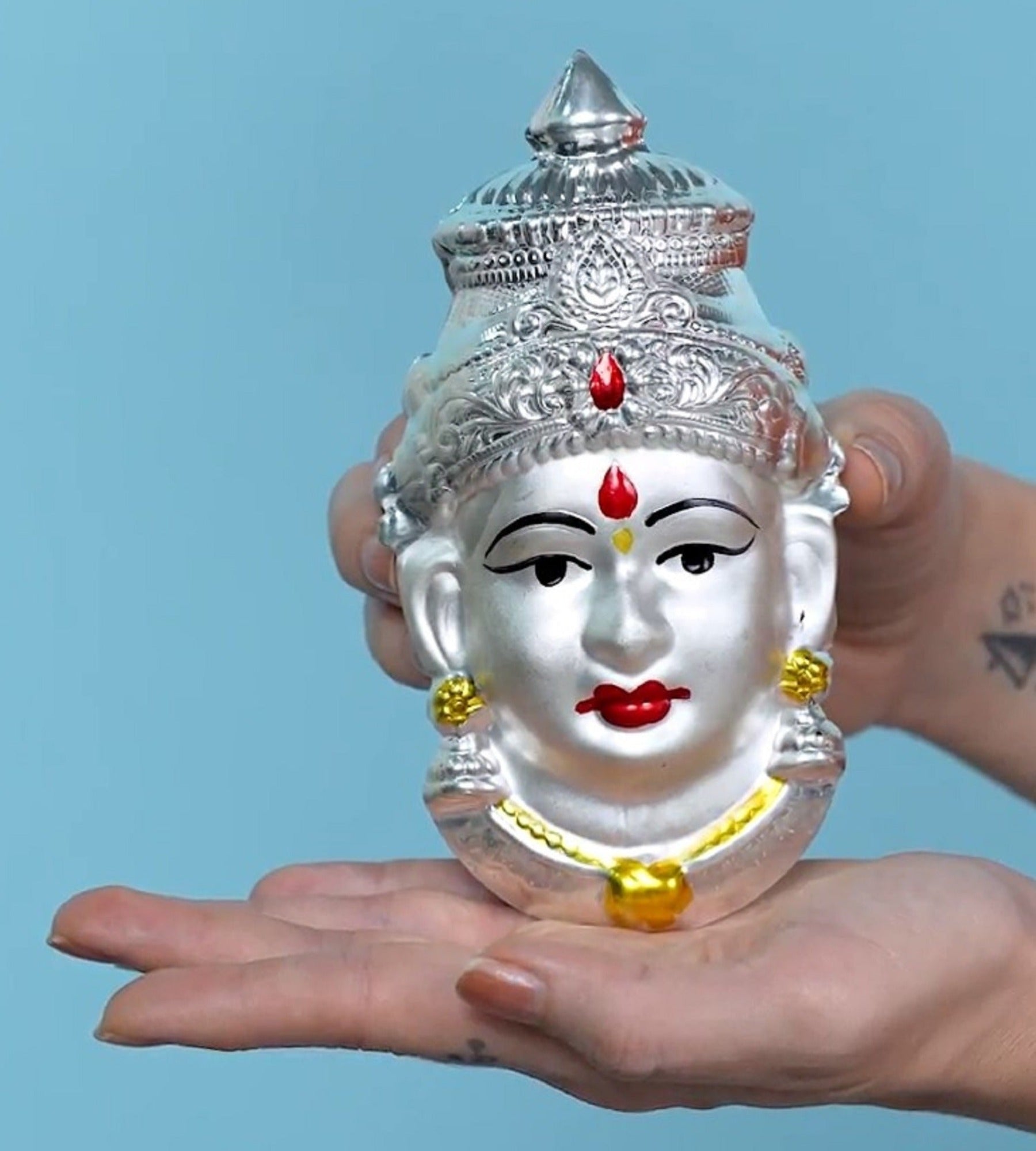Sigaram 7X4 Inch German Silver Lakshmi Face Mukoot for Vara Mahalakshmi Festival K4122