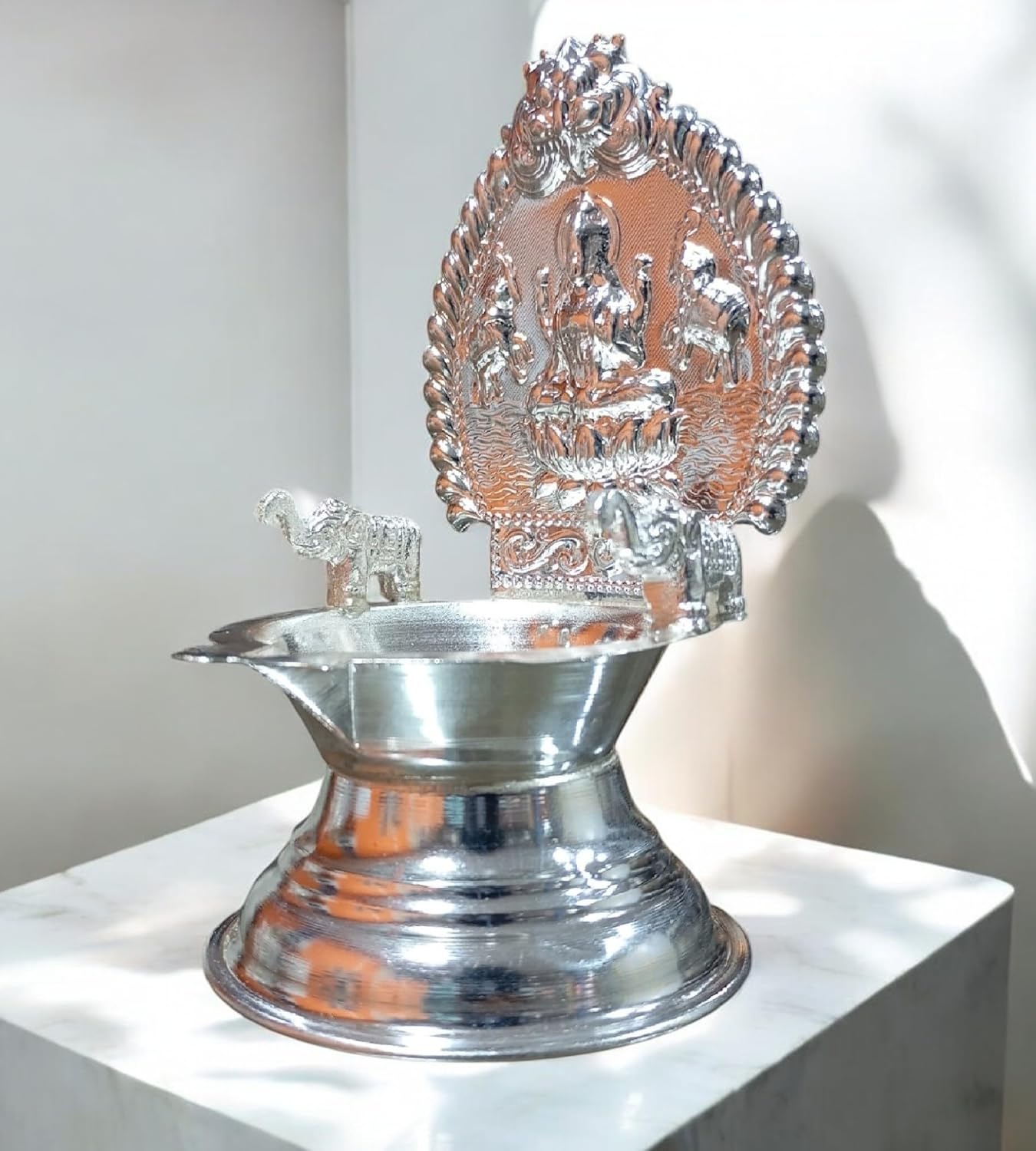 Sigaram 5.5 Inch German Silver Kamakshi Diya / Gaja Lakshmi Diya for Home Pooja K4658