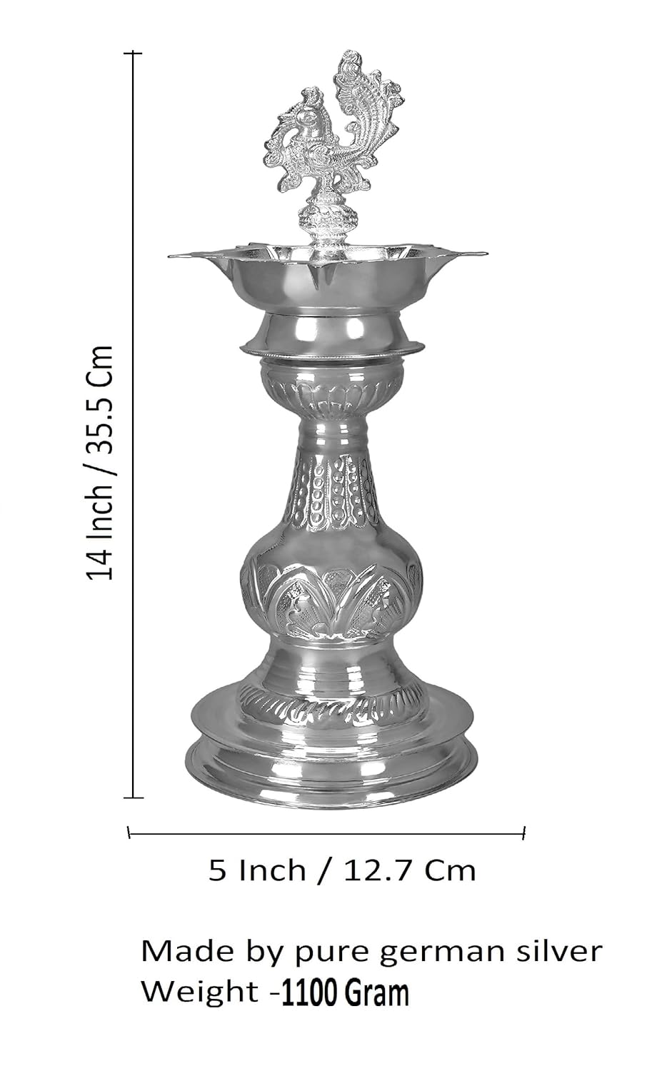 Sigaram 14X5 Inch Peacock Diya Made by Pure German Silver For Puja K4167
