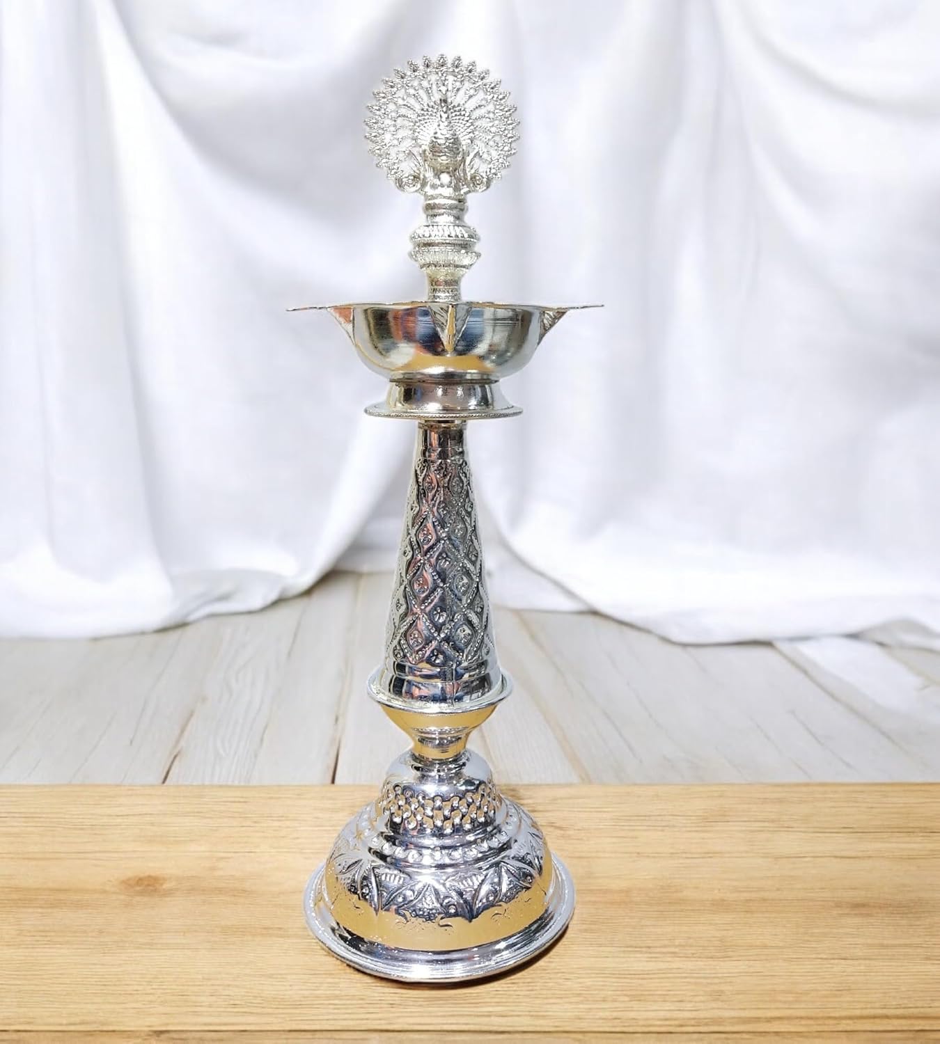 Sigaram German Silver 14 Inch Peacock Handle Diya For Home Pooja Decore K4596