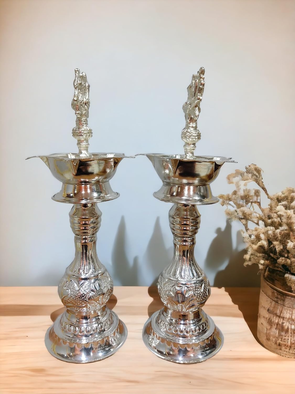 Sigaram 12 Inch Pure German Silver Peacock Diya Samai Deepa For Home Pooja Decor K4400