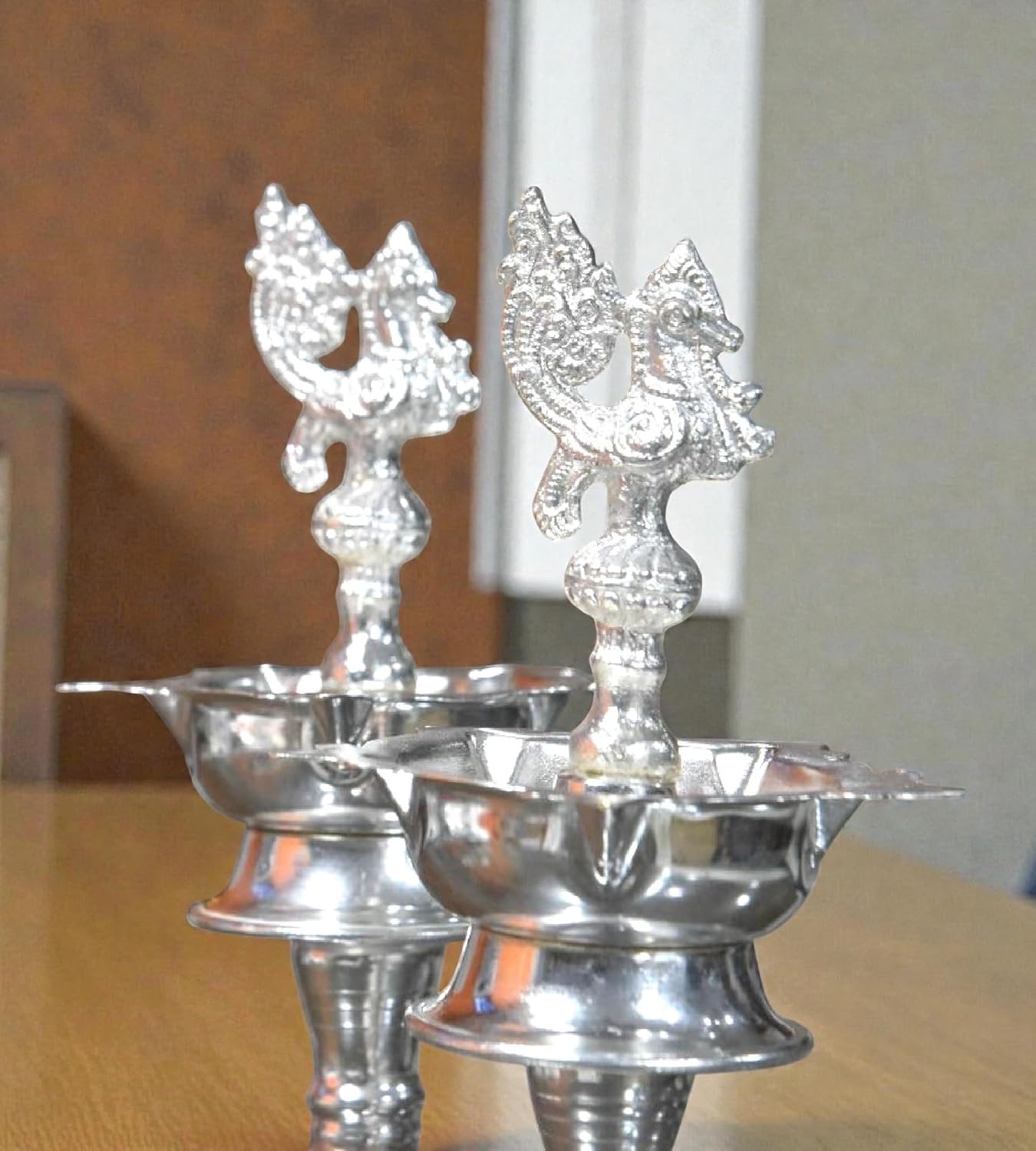 Sigaram 11 Inch Silver Plated Peacock Handle Diya for Home & Temple Pooja Decor K4958
