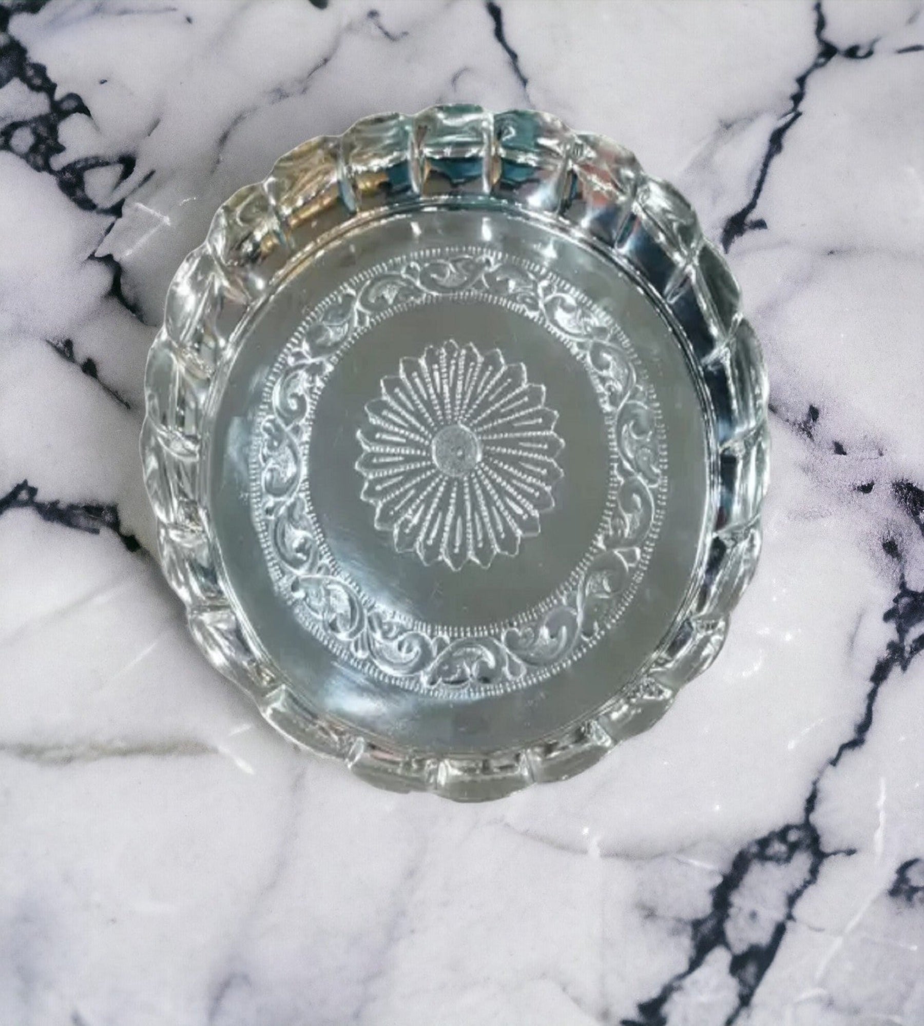 Sigaram German Silver 10 Inch Floral Design Plate With Stand for Home Pooja Decor K3127