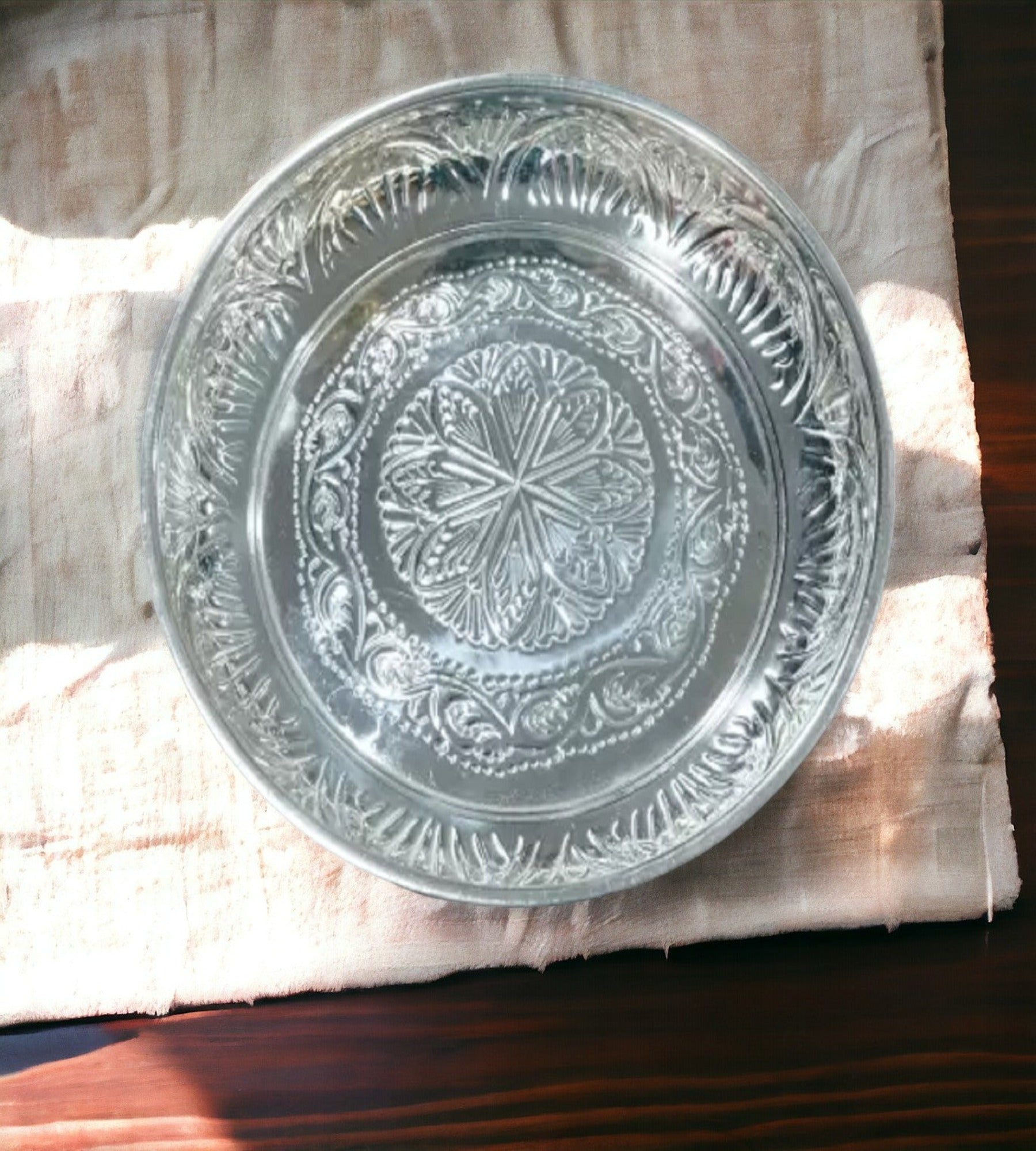 Sigaram German Silver 12 Inch Floral Design Plate With Stand for Home Pooja Decor K3129