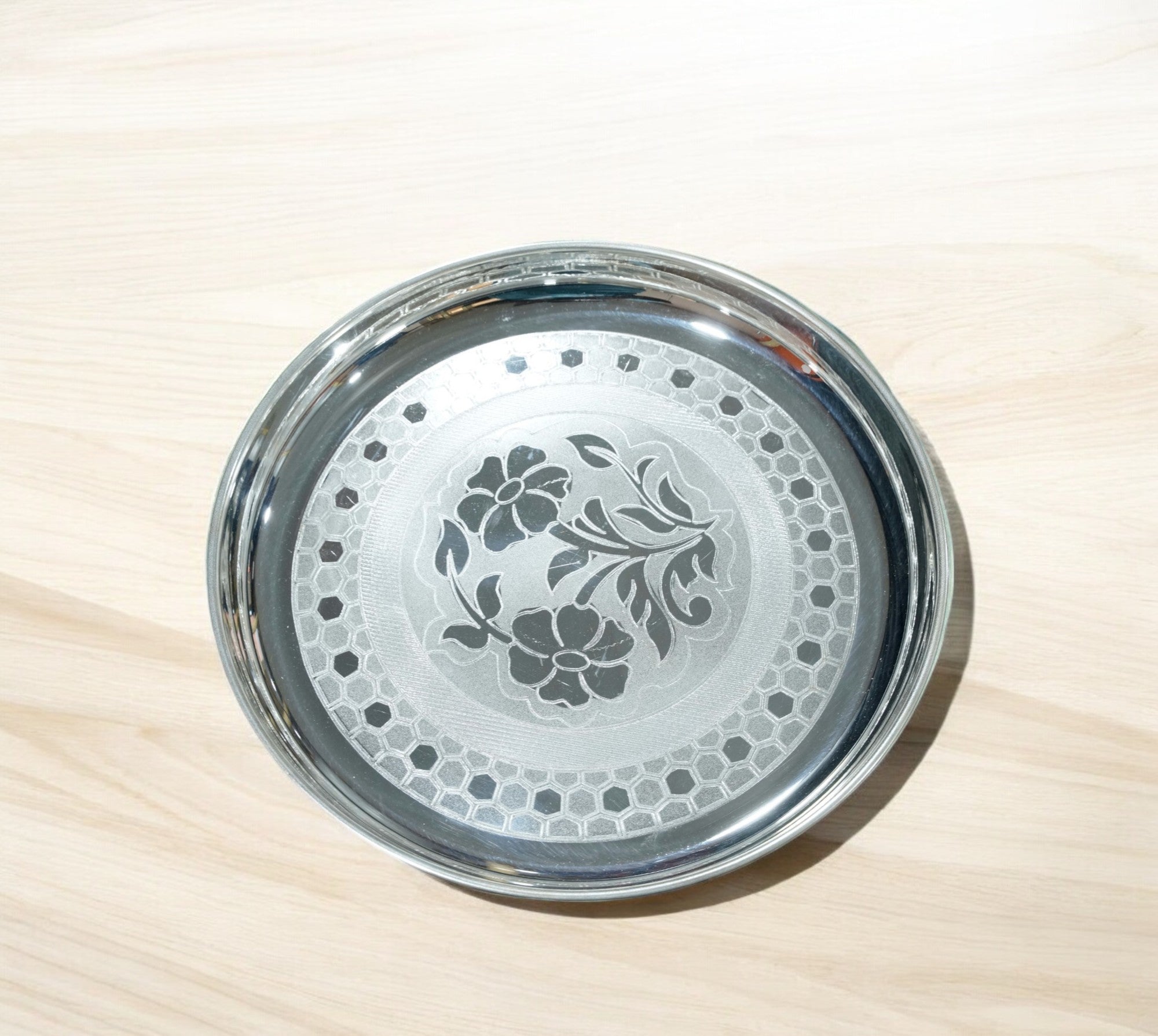 Sigaram German Silver 12 Inch Floral Designed Plate For Home Pooja Decor K3130