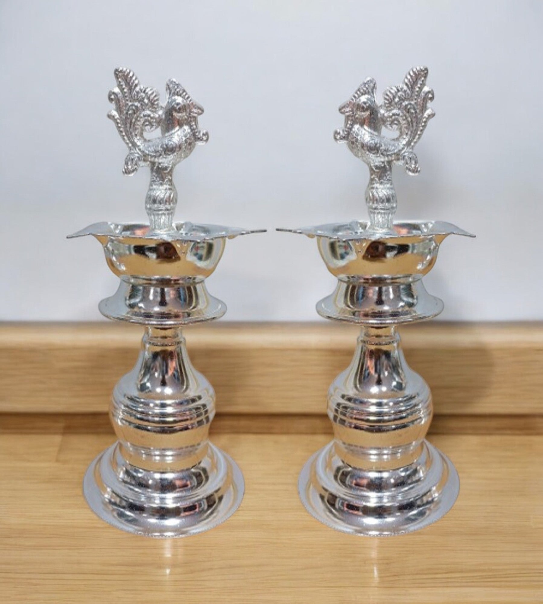 Sigaram 7X3 Inch Peacock Diya Made by Pure German Silver For Puja K4132