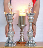 Sigaram 14X5 Inch Peacock Diya Made by Pure German Silver For Puja K4167