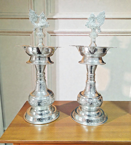 Sigaram 11 Inch Silver Plated Peacock Handle Diya for Home & Temple Pooja Decor K4958