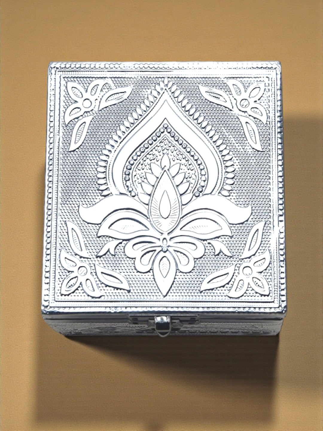 Sigaram 4x4 Inch Wooden Silver Plated Pooja Box for Home Temple Pooja Decor K5175