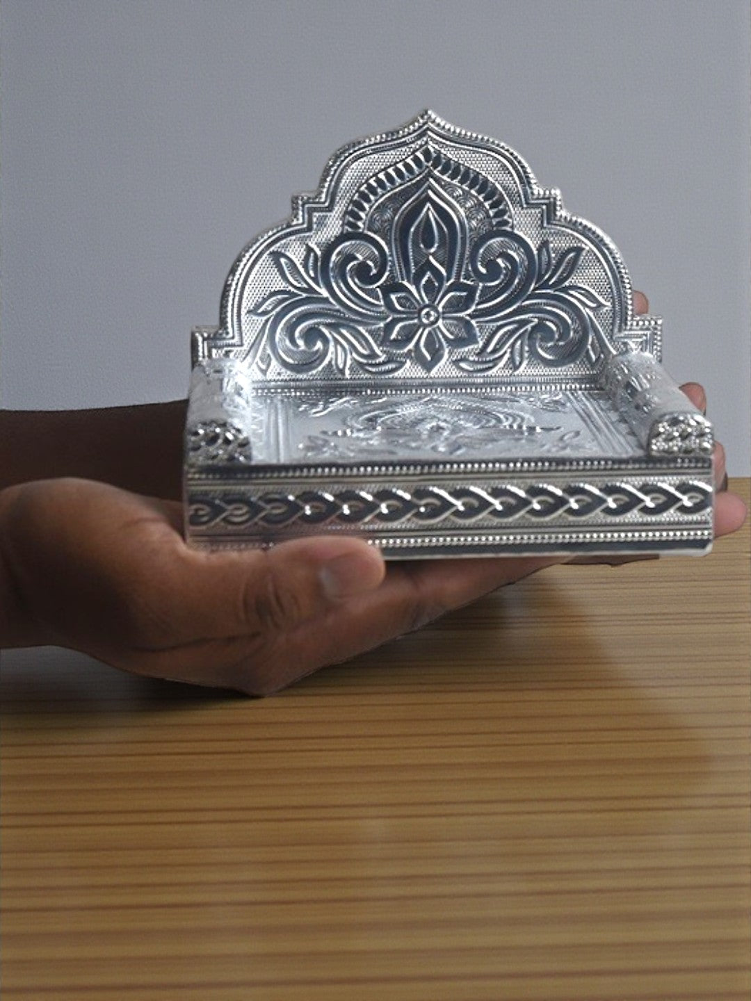 Sigaram 8x5 Inch Wooden Silver Plated Simhasan for Home Pooja God idols Simhasan K5177