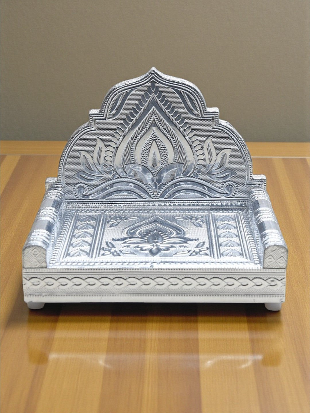Sigaram 8x5 Inch Wooden Silver Plated Simhasan for Home Pooja God idols Simhasan K5177