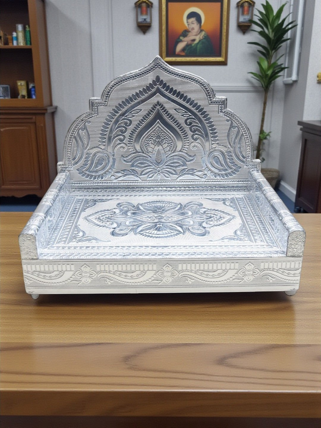 Sigaram 8x12 Inch Wooden Silver Plated Simhasan for Home & Temple Pooja God idols Simhasan K5179