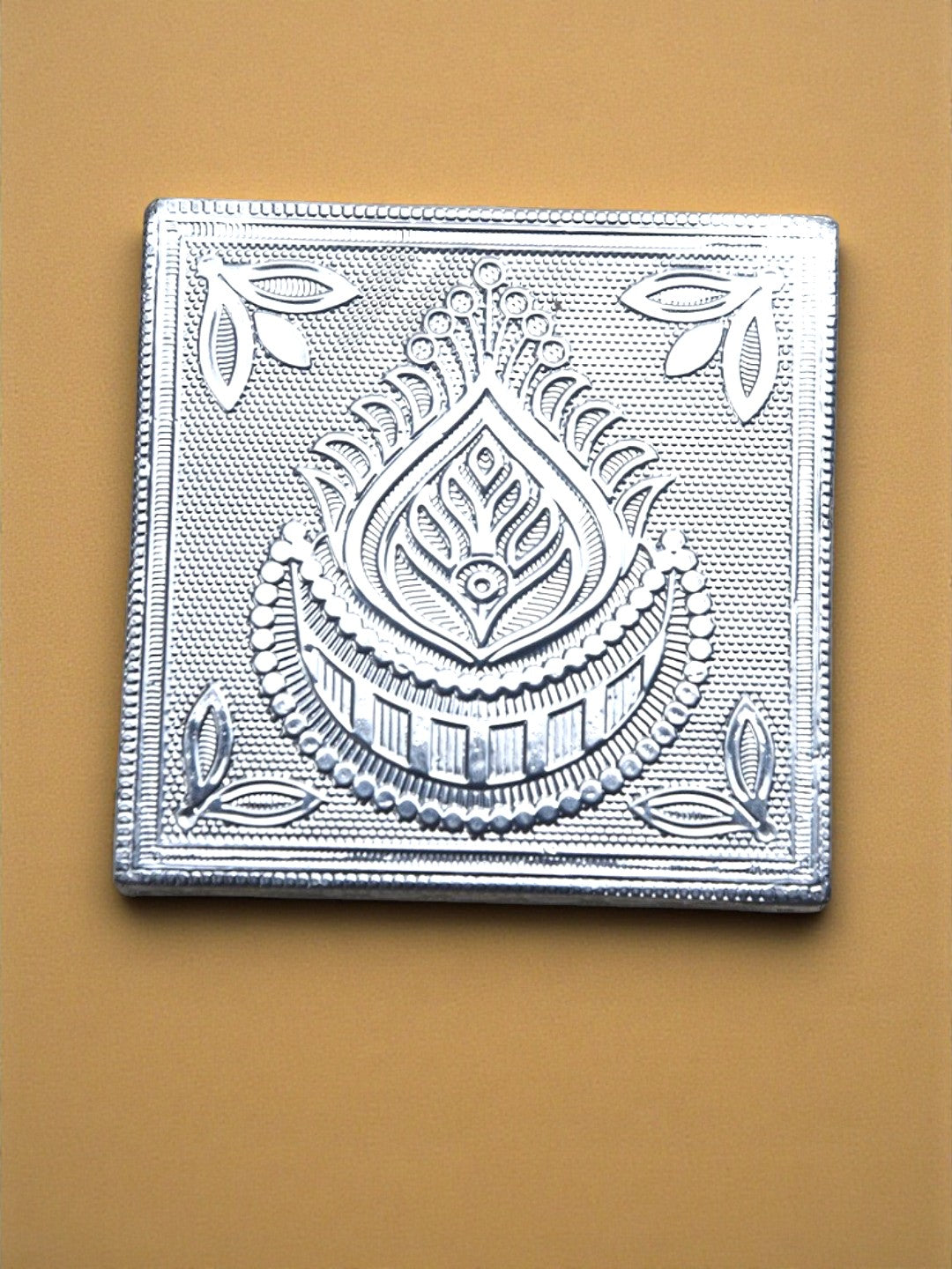 Sigaram 4x4 Inch Wooden Silver Plated Patiya/Chowki for Home & Temple Pooja Decor K5182