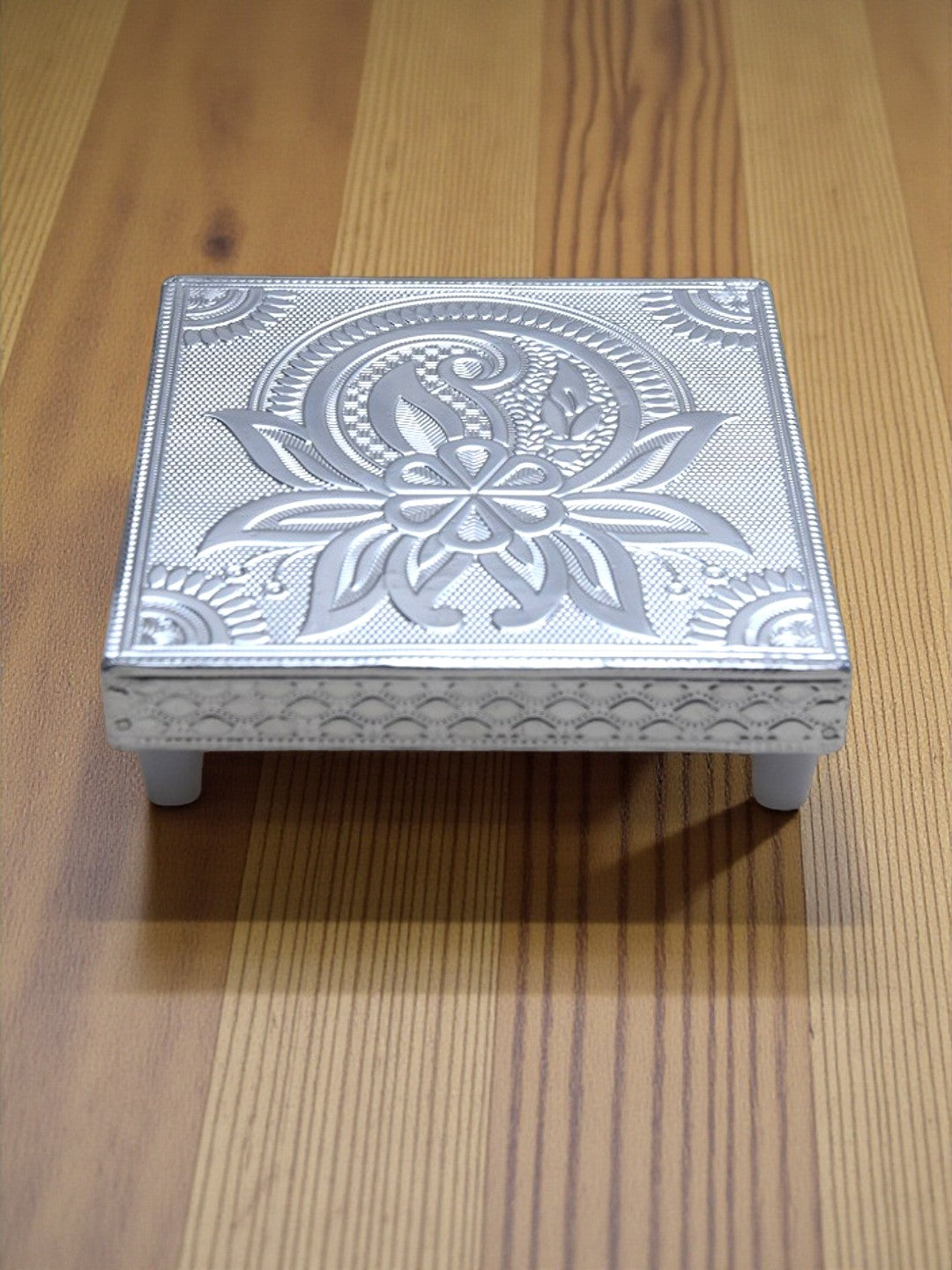 Sigaram 5x5 Inch Wooden Silver Plated Pooja Chowki / Patiya for Home Pooja Decor K5183