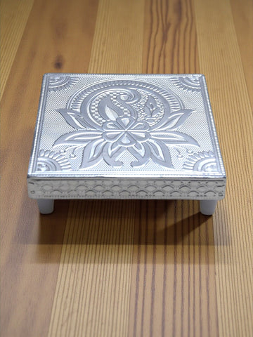 Sigaram 5x5 Inch Wooden Silver Plated Pooja Chowki / Patiya for Home Pooja Decor K5183