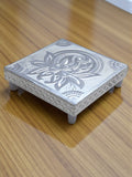 Sigaram 5x5 Inch Wooden Silver Plated Pooja Chowki / Patiya for Home Pooja Decor K5183