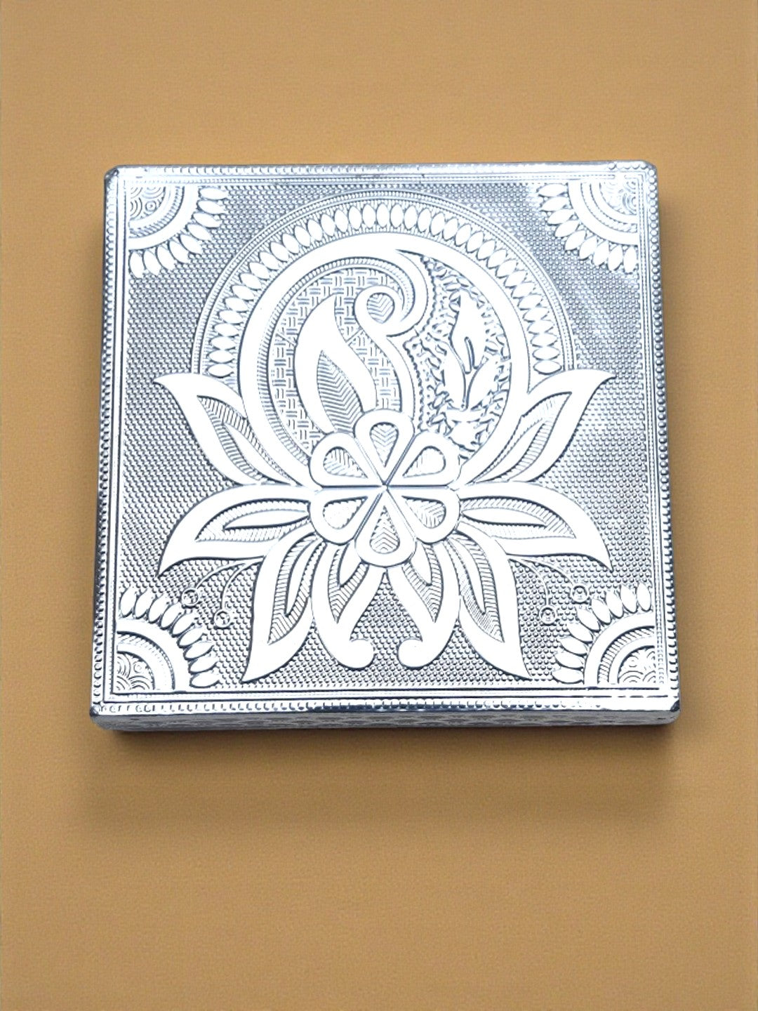Sigaram 5x5 Inch Wooden Silver Plated Pooja Chowki / Patiya for Home Pooja Decor K5183