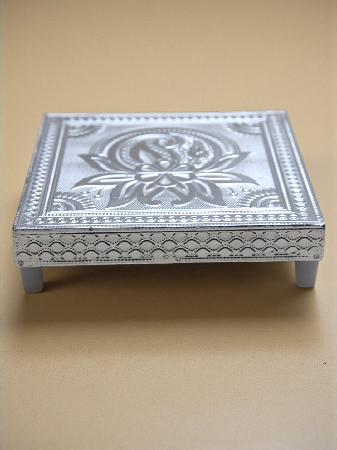 Sigaram 6x6 Inch Wooden Silver Plated Pooja Chowki / Patiya for Home Pooja Decor K5184