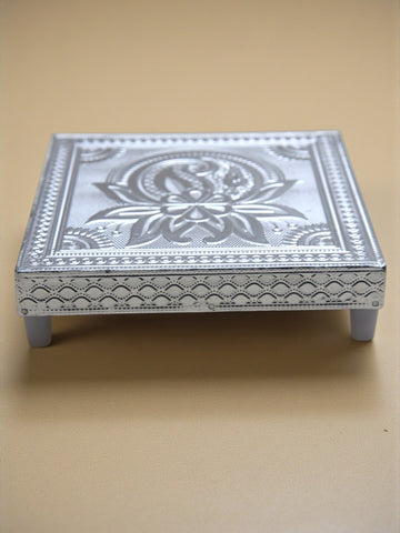 Sigaram 6x6 Inch Wooden Silver Plated Pooja Chowki / Patiya for Home Pooja Decor K5184