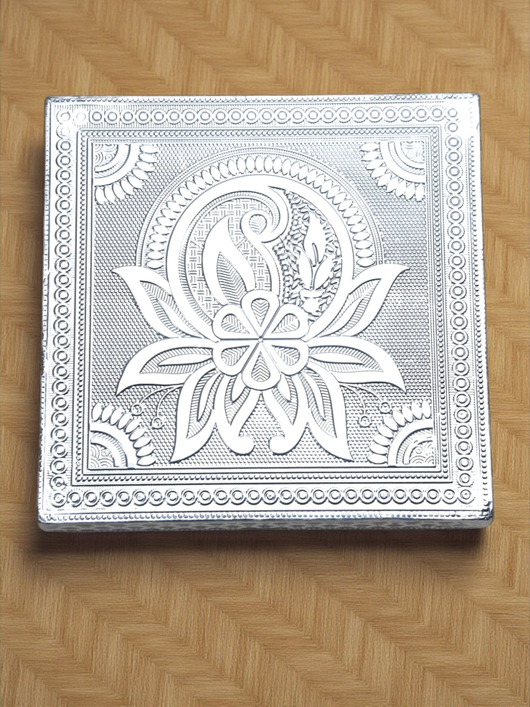 Sigaram 6x6 Inch Wooden Silver Plated Pooja Chowki / Patiya for Home Pooja Decor K5184