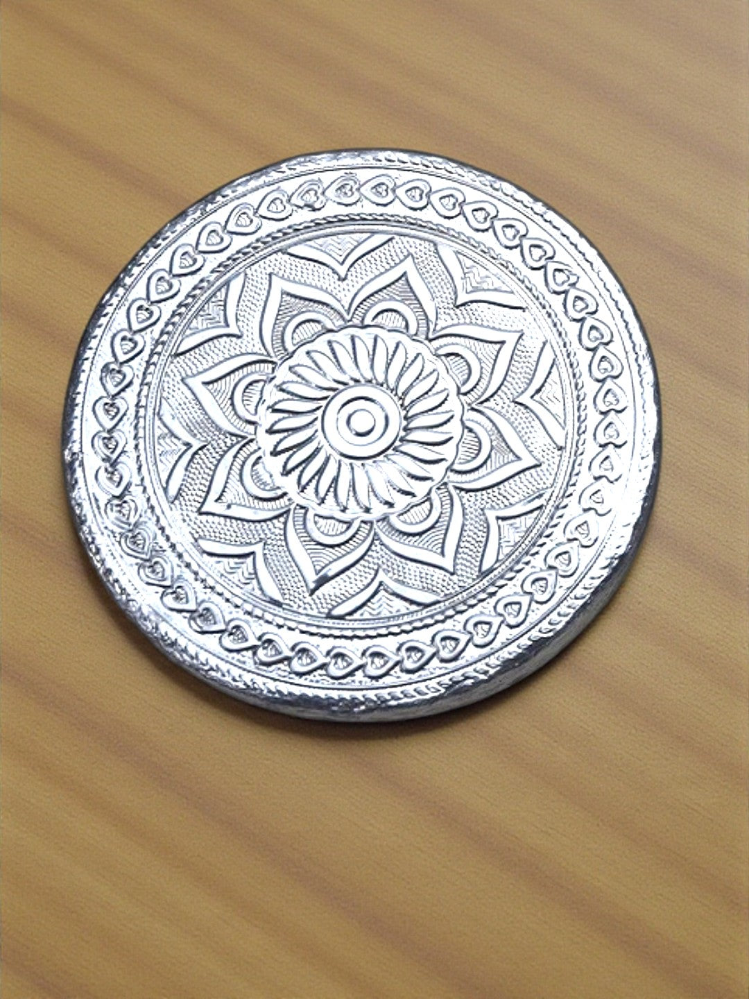 Sigaram 4x4 Inch Wooden Silver Plated Round Patli/Chowki for Home Pooja Decor K5185