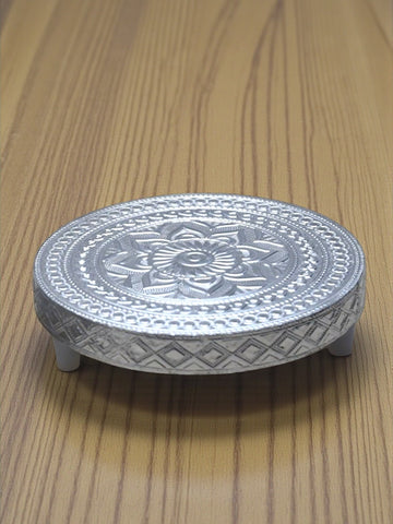 Sigaram 5x5 Inch Wooden Silver Plated Round Patli/Chowki for Home Pooja Decor K5186