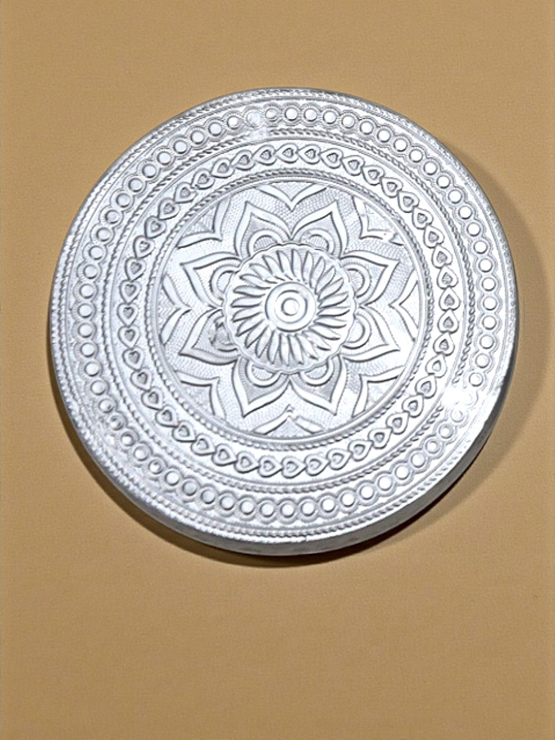 Sigaram 5x5 Inch Wooden Silver Plated Round Patli/Chowki for Home Pooja Decor K5186