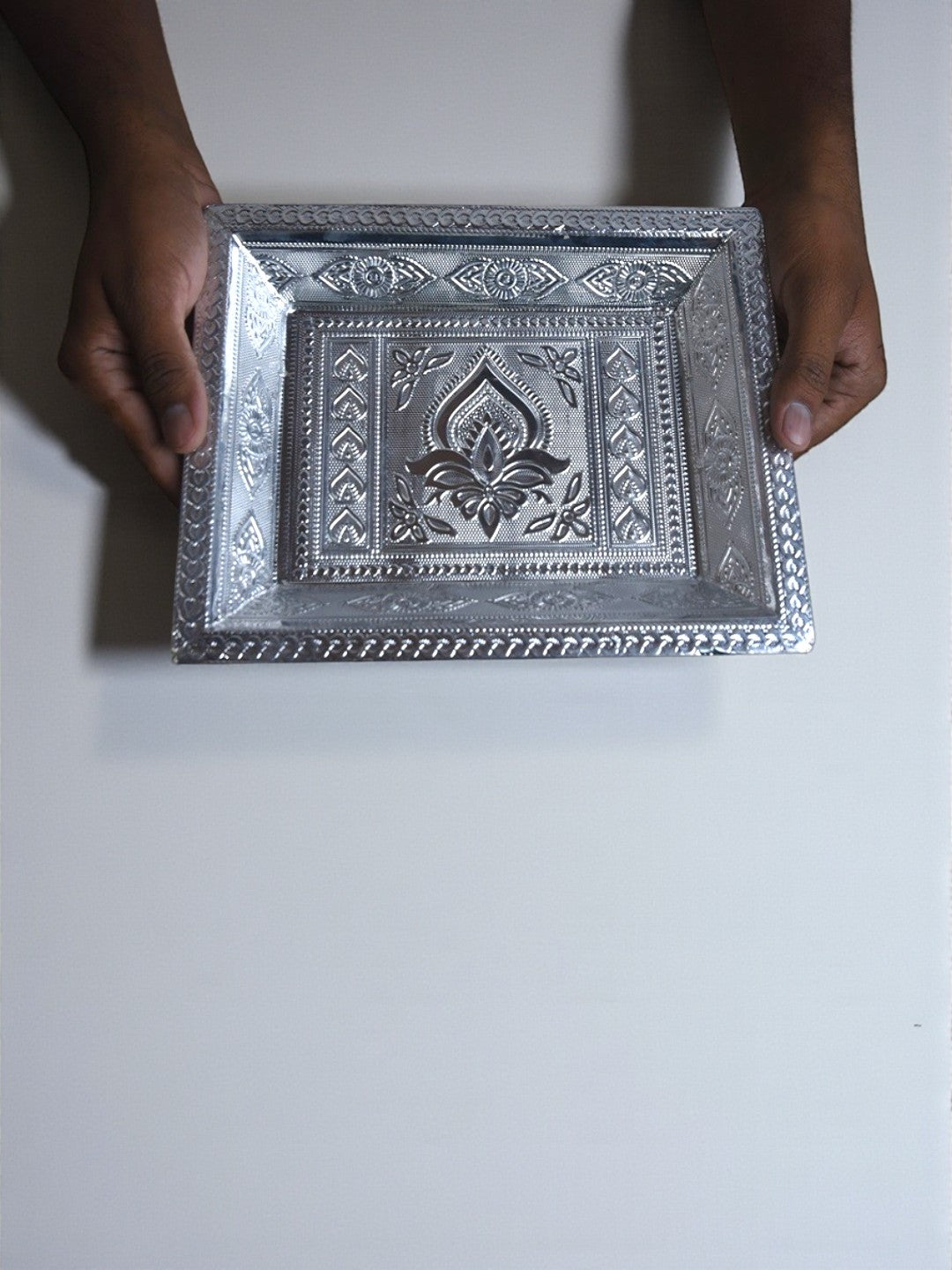 Sigaram 10x7.5 Inch Wooden Silver Plated Pooja Tray for Wedding Return Gifts K5187