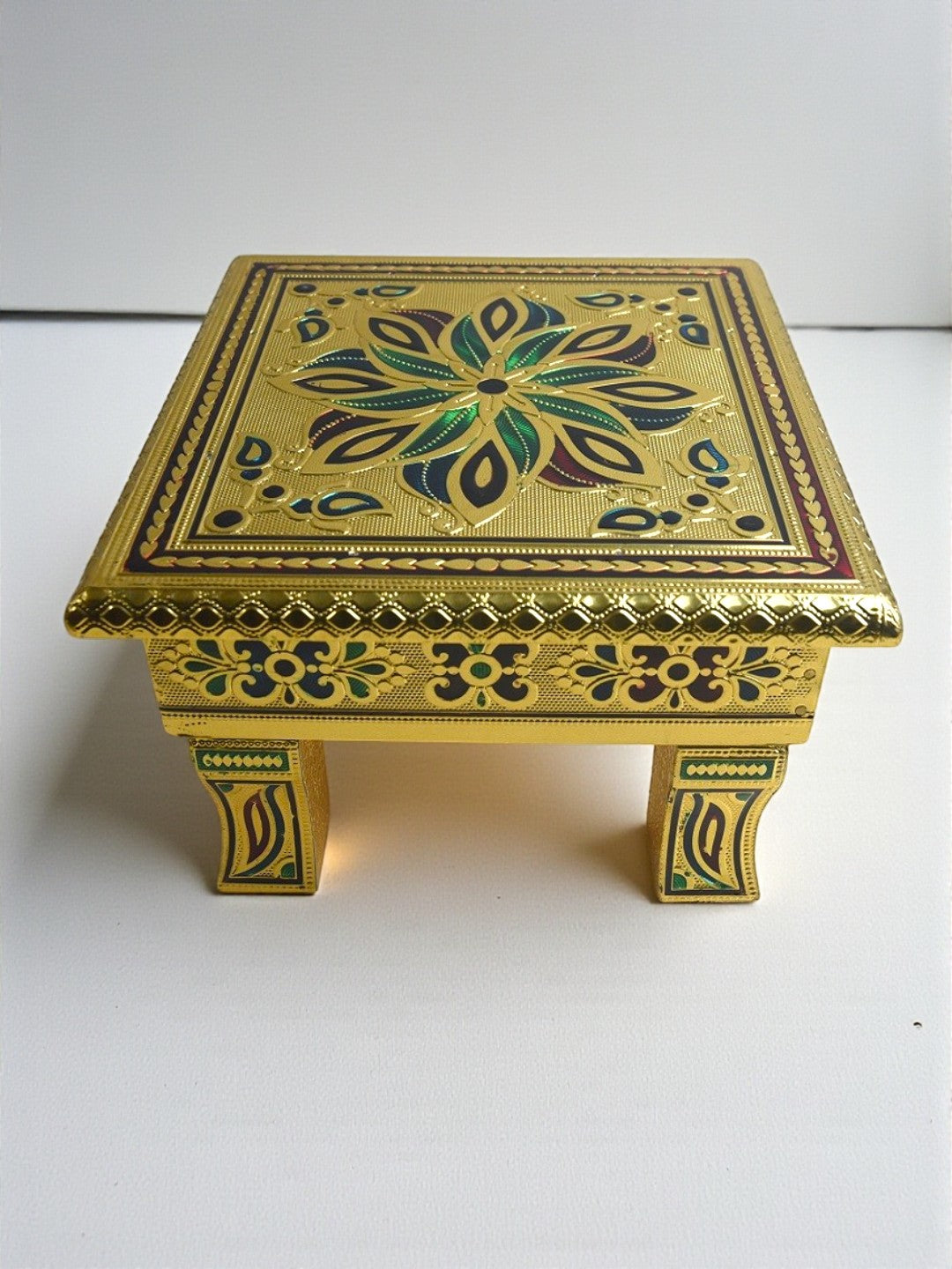 Sigaram 8x8 Inch Gold Plated Wooden Bajot Chowki for Home & Temple Pooja Decor K5191