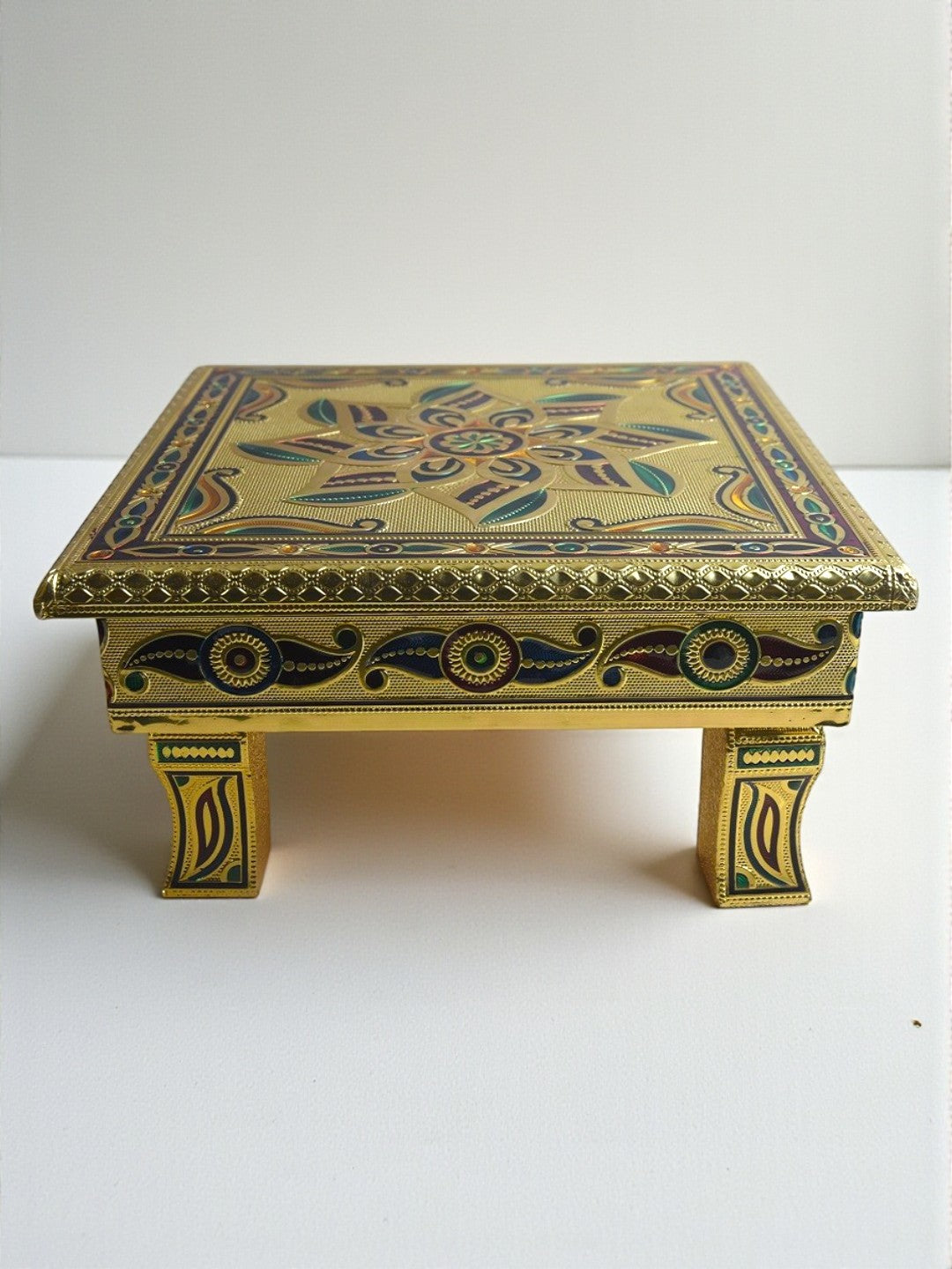 Sigaram 10x10 Inch Gold Plated Wooden Bajot Chowki for Home Pooja Decor K5192