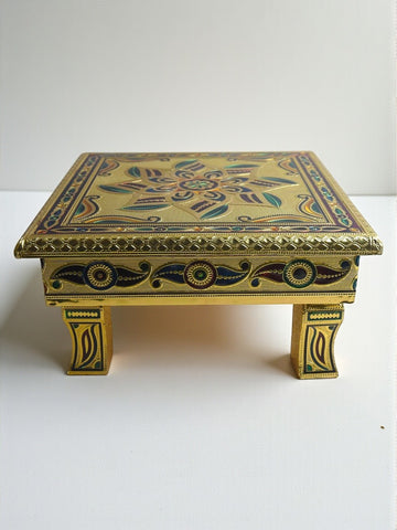 Sigaram 10x10 Inch Gold Plated Wooden Bajot Chowki for Home Pooja Decor K5192