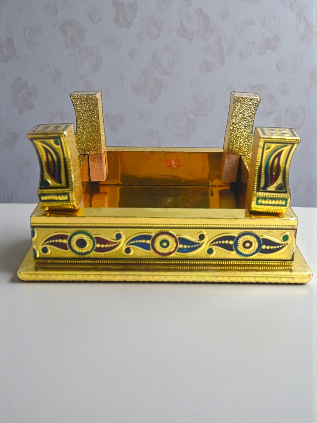 Sigaram 10x10 Inch Gold Plated Wooden Bajot Chowki for Home Pooja Decor K5192
