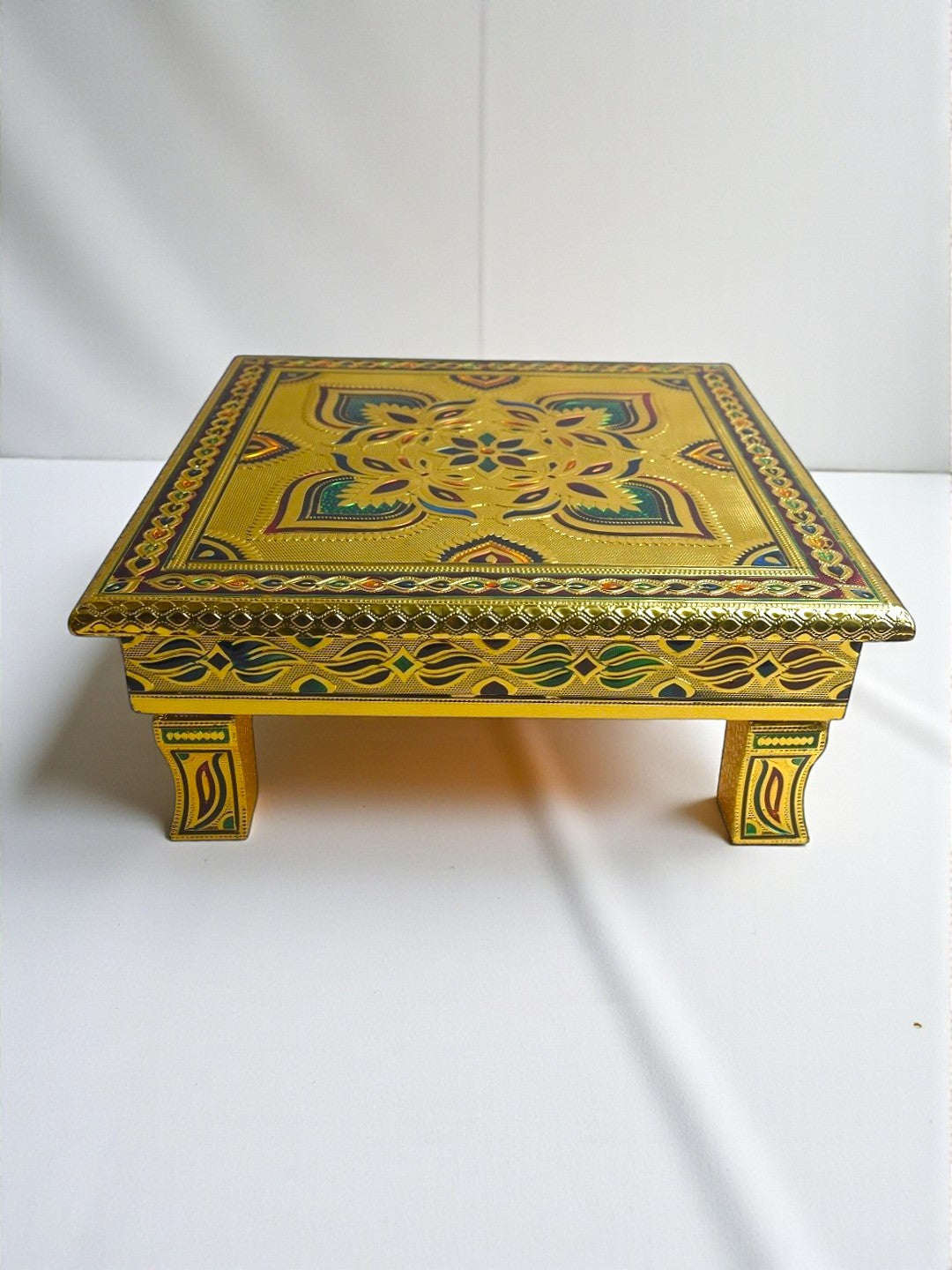 Siaram 12x12 Inch Gold Plated Wooden Bajot Chowki for Home Pooja Decor K5193