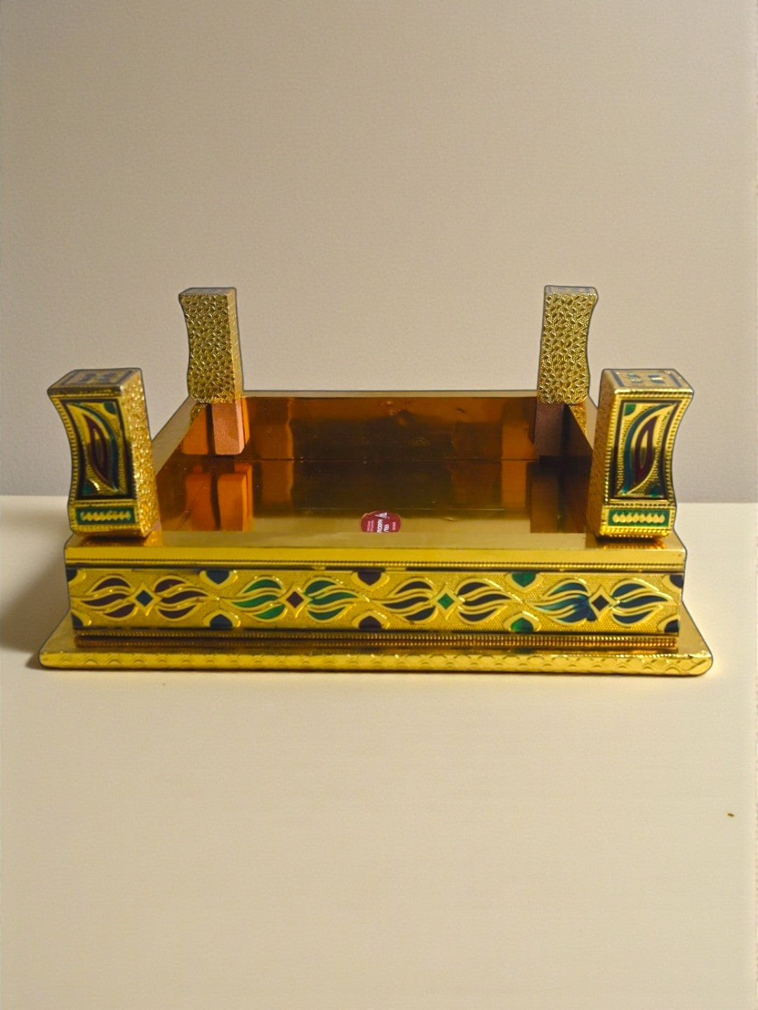 Siaram 12x12 Inch Gold Plated Wooden Bajot Chowki for Home Pooja Decor K5193