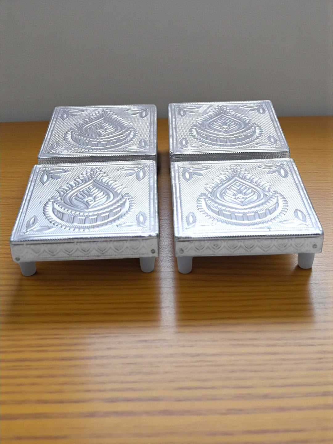 Sigaram 4x4 Inch Silver Plated Wooden Patiya/Chowki For Home & Temple Pooja Decor K5202