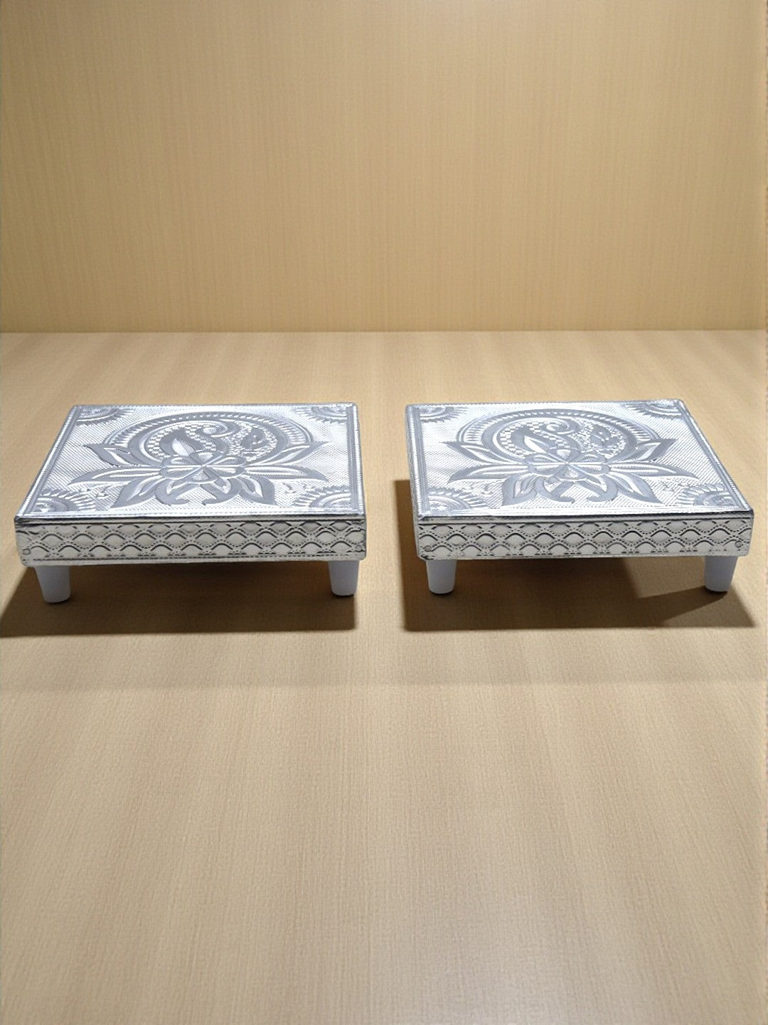 Sigaram 5x5 Inch Silver Plated Wooden Chowki/Patiya for Home & Temple Pooja Decor K5204v