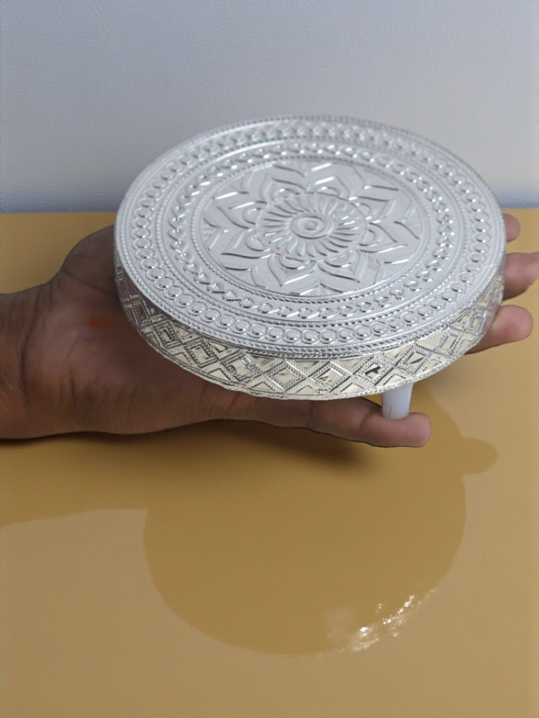 Sigaram 5x5 Inch Silver Plated Wooden Round Chowki/Patli for Home Pooja Decor K5213